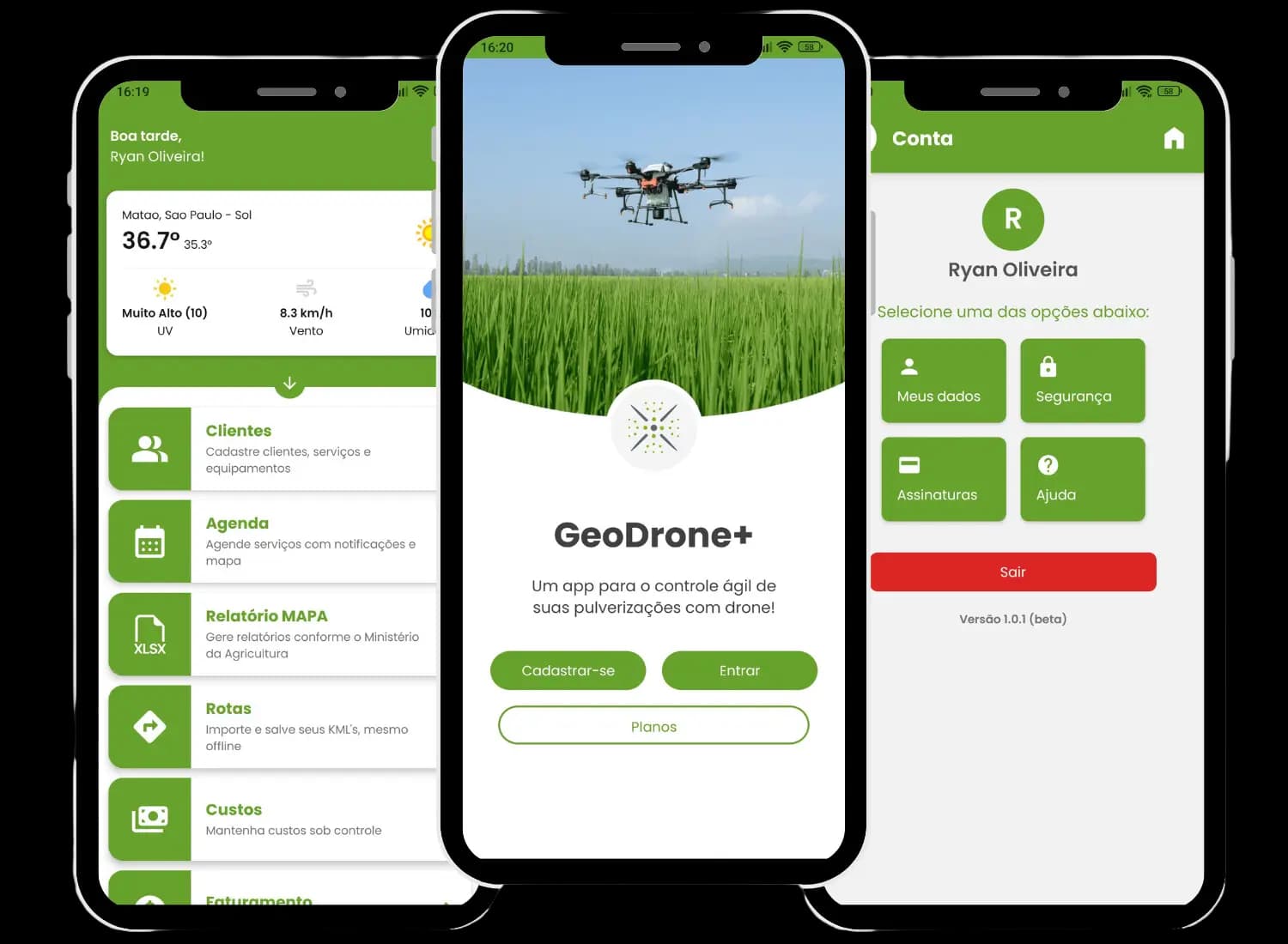 Imagem com diferentes telas do aplicativo GeoDronePlus